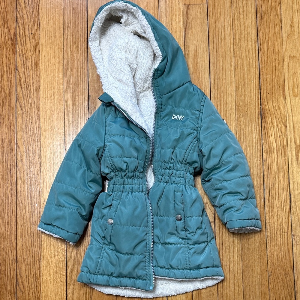 DKNY Kids Puffer Jacket in Teal with Hood